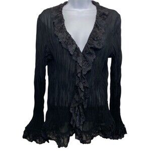 KAELY N MAX Blouse Women XL Black Pleated Crinkle Ruffled Button-Up Fairy Grunge